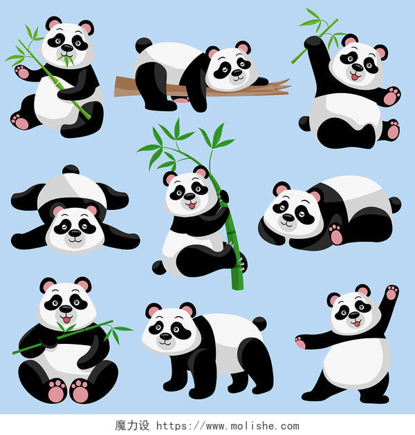 卡通动物熊猫吃竹子睡觉套图表情包PNG素材